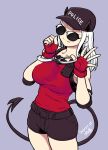  1girl belt breasts cuffs demon_tail fingerless_gloves gloves handcuffs hat helltaker justice_(helltaker) long_hair looking_at_viewer purple_background red_gloves shorts simple_background smile solo sunglasses tail tank_top tsukudani_(coke-buta) white_hair 