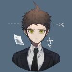  1boy ahoge bangs black_hair black_jacket black_neckwear blue_background brown_hair collared_shirt commentary_request dangan_ronpa_(series) dangan_ronpa_3_(anime) formal green_eyes hinata_hajime jacket looking_at_viewer male_focus necktie paper parted_lips scissor_print shirt short_hair simple_background solo suzumetarou upper_body white_shirt 