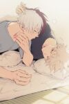  2boys ? bakugou_katsuki bangs black_shirt blonde_hair boku_no_hero_academia closed_mouth eye_contact eyelashes fingernails grey_shirt head_on_pillow looking_at_another lying male_focus multicolored_hair multiple_boys on_side pillow red_eyes redhead shirt short_hair spiky_hair spoken_question_mark t-shirt todoroki_shouto two-tone_hair umi_(ul8nl) white_hair 