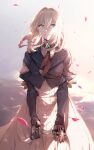  1girl bangs blonde_hair blue_eyes blue_jacket clouds dress hair_between_eyes highres jacket jewelry long_dress long_hair long_sleeves looking_at_viewer no-kan prosthesis puffy_long_sleeves puffy_sleeves red_scarf scarf sky solo tears violet_evergarden violet_evergarden_(character) white_dress 