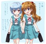  ayanami_rei bag blue_background blue_eyes blue_hair border chibi highres holding_hands inoue_kouji neon_genesis_evangelion orange_hair red_eyes red_neckwear school_bag school_uniform shirt short_sleeves skirt souryuu_asuka_langley suspender_skirt suspenders translation_request white_border white_shirt yuri 