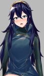  1girl ameno_(a_meno0) blue_hair blush embarrassed fire_emblem fire_emblem_awakening grey_background hair_between_eyes long_hair long_sleeves looking_at_viewer lucina_(fire_emblem) no_pants open_mouth solo sweat sweatdrop symbol-shaped_pupils tiara 