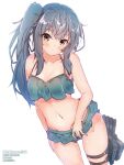  1girl artist_name bangs bikini bikini_skirt black_ribbon blue_bikini breasts brown_eyes closed_mouth commentary_request eyebrows_visible_through_hair grey_hair hair_ribbon halkawa501 head_tilt highres kantai_collection kasumi_(kancolle) light_frown long_hair looking_at_viewer medium_breasts navel ribbon rigging side_ponytail sidelocks simple_background solo standing swimsuit thigh_strap wet white_background 