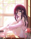  1girl absurdres barefoot blue_eyes brown_hair camisole cardigan cat flower from_side highres indoors knees_up legs long_hair looking_at_viewer monmo_mu no_pants off_shoulder original pink_cardigan rose sitting smile solo thighs white_camisole window 