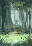  1girl animal bridge bug butterfly commentary day deer dress elf forest grass highres insect lily_pad long_hair nature original otton outdoors pointy_ears scenery tree water 