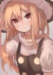  1girl ameshi_(rzuw4482) bangs black_headwear black_vest blonde_hair buttons face flat_chest grey_background hair_between_eyes hat highres kirisame_marisa long_hair looking_at_viewer orange_eyes shirt simple_background solo touhou turtleneck upper_body vest white_shirt witch_hat 