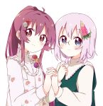  2girls absurdres ahoge bangs blue_eyes blush closed_mouth commentary_request dress eyebrows_visible_through_hair floral_print flower food_themed_hair_ornament glasses green_dress hair_between_eyes hair_flower hair_ornament highres holding_hands ikeda_chitose interlocked_fingers light_purple_hair long_hair long_sleeves looking_at_viewer mesushio multiple_girls ponytail print_dress purple_flower purple_hair red_flower short_hair simple_background smile sugiura_ayano upper_body violet_eyes white_background white_dress white_flower yellow_flower yuru_yuri 