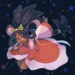  1girl bangs big_hair black_hair brown_eyes collarbone dark_skin dark-skinned_female dress full_body hair_rings hair_tie iris_(pokemon) long_hair long_sleeves looking_back open_mouth outline pokemon pokemon_(game) pokemon_bw2 reiesu_(reis) smile solo star_(symbol) tiara tied_hair tongue very_long_hair 