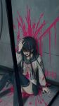  1girl :d against_wall bangs black_hair black_legwear blood blood_splatter bloody_clothes blue_hair breasts character_name collarbone commentary_request dangan_ronpa:_trigger_happy_havoc dangan_ronpa_(series) grey_shirt hair_ornament hairclip hand_on_own_head hand_up highres injury iumi_urura knees_up laughing long_hair long_sleeves maizono_sayaka medium_breasts open_mouth pink_blood sailor_collar school_uniform shaded_face shirt sitting skirt smile solo spoilers stab thigh-highs 