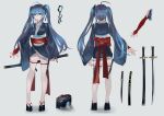  1girl ahoge blue_hair bridal_gauntlets character_sheet full_body geta grey_background highres holding japanese_clothes kimono long_hair long_sleeves looking_at_viewer multiple_views obi original red_sash sash scabbard sheath sheathed standing sword tachi_(weapon) thigh-highs thigh_strap turnaround twintails vardan very_long_hair wakizashi weapon white_legwear zettai_ryouiki 