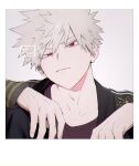  1boy artist_name bakugou_katsuki bangs blonde_hair boku_no_hero_academia border closed_mouth fingernails hair_between_eyes hands_up jacket long_sleeves looking_at_viewer male_focus red_eyes red_shirt shirt short_hair solo spiky_hair umi_(ul8nl) white_border 