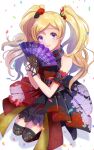  1girl absurdres bare_shoulders black_gloves black_legwear blonde_hair blurry closed_mouth commentary_request confetti depth_of_field emily_stewart eyebrows_visible_through_hair fan floral_print flower folding_fan gloves hair_flower hair_ornament highres idolmaster idolmaster_million_live! idolmaster_million_live!_theater_days japanese_clothes lace-trimmed_legwear lace_trim long_hair looking_at_viewer shadow simple_background smile solo thigh-highs twintails violet_eyes white_background witoi_(roa) 