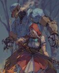  1boy 1girl animal_ears ashe_(overwatch) axe bared_teeth bayonet black_sclera blue_dress blue_eyes bob_(overwatch) bodice bonnet claws colored_sclera crazy_eyes crazy_smile crossdressinging dress fingerless_gloves gloves gun hair_over_one_eye height_difference highres holding holding_gun holding_weapon hood hood_up little_red_ashe official_alternate_costume overwatch pajamas red_dress red_hood rifle robot scar scar_across_eye scar_on_arm shadowyahaha silver_hair weapon wolf_ears 