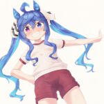  ahoge animal_ears bangs blue_eyes blue_hair blush brown_background commentary_request dutch_angle eyebrows_visible_through_hair grin gym_shirt gym_shorts gym_uniform hair_between_eyes heterochromia horse_ears long_hair outstretched_arm pu-en puffy_short_sleeves puffy_sleeves red_shorts sharp_teeth shirt short_shorts short_sleeves shorts simple_background smile standing teeth thick_eyebrows twin_turbo twintails umamusume very_long_hair violet_eyes white_shirt 