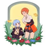  2girls bangs bird blue_hair blush braid breasts crown_braid do_m_kaeru eyebrows_visible_through_hair fire_emblem fire_emblem:_three_houses flower garreg_mach_monastery_uniform leonie_pinelli marianne_von_edmund medium_breasts multiple_girls orange_hair short_hair squatting standing 