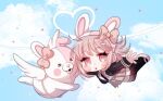  1girl :o animal_ears animal_hood bangs black_jacket black_legwear black_shirt blush_stickers bow brown_skirt bunny_hood chibi clouds collared_shirt commentary_request dangan_ronpa_(series) dangan_ronpa_2:_goodbye_despair diaper ear_bow fake_animal_ears flipped_hair gwanlamcha hair_ornament hairclip heart hood jacket long_sleeves medium_hair nanami_chiaki neck_ribbon open_clothes open_jacket open_mouth over-kneehighs pink_eyes pink_hair pink_ribbon pleated_skirt ribbon shirt shirt_tucked_in skirt thigh-highs two-tone_shirt usami_(dangan_ronpa) white_shirt wings zettai_ryouiki 