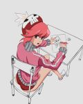  1girl ass blush buruma chair drawfag drawing eyebrows_visible_through_hair hat highres jakuzure_nonon kill_la_kill looking_at_viewer looking_back open_mouth partially_colored pen pink_eyes pink_hair pink_track_suit red_buruma shiny shiny_hair short_hair simple_background sitting solo table track_suit white_background 
