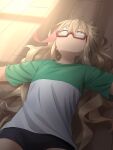  1girl black_shorts blonde_hair blue_eyes cowboy_shot flat_chest glasses green_shirt hair_between_eyes highres indoors kay_yu lying messy_hair on_back original paguroidea shirt short_shorts short_sleeves shorts solo t-shirt thick_eyebrows two-tone_shirt white_shirt wooden_floor 