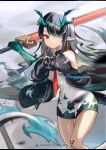 1girl absurdres arknights black_hair censored dress dusk dusk_(arknights) earrings hair_over_one_eye highres holding holding_weapon jewelry long_hair looking_at_viewer multicolored_hair owenwu_comic pointless_censoring red_eyes streaked_hair sword tail weapon