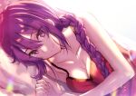  1girl bed braid breasts fate/grand_order fate_(series) fuyuki_(neigedhiver) light long_hair looking_at_viewer lying melty_blood purple_hair sion_eltnam_atlasia smile solo tsukihime underwear violet_eyes 