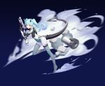  1girl absurdres blue_background blue_hair bodysuit boots dual_wielding full_body fysc gun handgun high_heels highres holding long_hair looking_at_viewer mecha_musume mechanical_tail original rubble science_fiction smoke solo tail thigh-highs thigh_boots twintails weapon white_bodysuit yellow_eyes 
