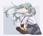  1girl eyebrows_visible_through_hair floating_hair hair_between_eyes hair_ribbon highres long_hair looking_at_viewer monogatari_(series) necktie oikura_sodachi owarimonogatari pantyhose ribbon school_uniform silver_hair silver_skirt torn_clothes torn_legwear twintails white_background yamanami_kousuke 