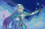  1girl aegis_sword_(xenoblade) bangs bare_shoulders chest_jewel cleavage_cutout clothing_cutout dress earrings elbow_gloves gem gloves grey_eyes headpiece highres issycake jewelry long_hair mythra_(massive_melee)_(xenoblade) mythra_(xenoblade) short_dress silver_hair solo super_smash_bros. swept_bangs thigh_strap tiara very_long_hair white_gloves xenoblade_chronicles xenoblade_chronicles_(series) xenoblade_chronicles_2 