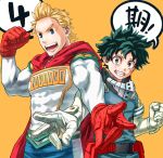  2boys 4o080_yotabnc belt belt_pouch blonde_hair blue_eyes boku_no_hero_academia cape commentary_request elbow_gloves freckles gloves green_eyes green_hair highres male_focus midoriya_izuku multiple_boys muscular muscular_male open_mouth pouch red_gloves smile speech_bubble spiky_hair teeth togata_mirio v white_gloves yellow_background 