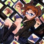  1girl beads black_footwear black_jacket blue_skirt boots brown_hair coco_(animal_crossing) cross-laced_footwear efyuru glasses green_eyes hair_beads hair_ornament idolmaster jacket knee_boots kneehighs lace-up_boots looking_at_viewer open_clothes open_jacket sitting skirt smile takatsuki_yayoi television twintails zipper zipper_footwear 