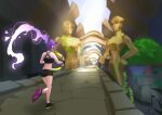  1girl absurdres artpatient black_footwear black_gloves black_shorts crop_top fiery_hair floating_hair from_behind gloves highres hololive long_hair purple_hair ring_(ring_fit_adventure) ring_fit_adventure running short_shorts shorts solo statue tokoyami_towa tree virtual_youtuber 