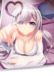  1girl :3 absurdres azur_lane bare_shoulders blue_eyes blush cainbranford collarbone commentary_request couch grey_hair heart heterochromia highres long_hair looking_at_viewer lying murmansk_(azur_lane) murmansk_(sceneries_of_pure_snow)_(azur_lane) official_alternate_costume on_couch on_stomach pillow solo violet_eyes white_nightgown window window_fog window_writing 