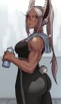  1girl absurdres animal_ears ass bare_arms black_pants black_tank_top boku_no_hero_academia bottle breasts bunny_tail dark_skin dark-skinned_female eyelashes gud0c highres holding holding_bottle long_hair looking_at_viewer mirko muscular muscular_female pants parted_lips rabbit_ears rabbit_girl raised_eyebrow red_eyes solo standing sweat tail tank_top towel towel_around_neck veins water_bottle white_hair 