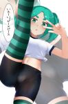  1girl blue_hair blush dress eyebrows green_eyes highres monogatari_(series) ononoki_yotsugi rauto short_shorts shorts smile solo striped striped_legwear thick_eyebrows thigh-highs translated twintails v zoom_layer 