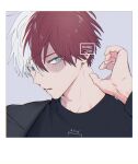  1boy artist_name bangs black_jacket black_shirt boku_no_hero_academia border burn_scar grey_eyes hair_between_eyes hand_up heterochromia jacket male_focus multicolored_hair open_clothes open_jacket parted_lips portrait redhead scar shirt short_hair solo todoroki_shouto two-tone_hair umi_(ul8nl) white_border white_hair 