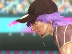  1boy bangs baseball_cap blurry blurry_background champion_uniform commentary_request dark_skin dark_skinned_male eyelashes facial_hair from_side hat leon_(pokemon) long_hair male_focus murinemuimuri open_mouth pokemon pokemon_(game) pokemon_swsh purple_hair shirt short_sleeves solo stadium sweat teeth yellow_eyes 