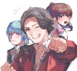  1girl 2boys arm_up asuna_(ryusoulger) bangs blue_hair blush brown_eyes brown_hair chikichi clenched_hands closed_mouth collared_shirt commentary_request eyebrows_visible_through_hair from_behind grey_eyes grin hand_up happy jacket kishiryu_sentai_ryusoulger koh_(ryusoulger) long_hair long_sleeves looking_at_viewer looking_back melt_(ryusoulger) multiple_boys notice_lines one_eye_closed outline outstretched_arm pink_vest ponytail red_jacket shirt short_hair sidelocks simple_background sketch smile teeth tied_hair tongue upper_body v-shaped_eyebrows vest violet_eyes white_background white_outline white_shirt 