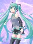  1girl aqua_eyes aqua_hair aqua_nails black_legwear collared_shirt detached_sleeves grimay hatsune_miku long_hair necktie pleated_skirt purple_background shirt skirt sleeveless smile thigh-highs twintails very_long_hair vocaloid 