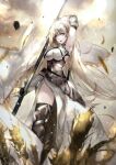  1girl armor armored_dress bangs blonde_hair blue_eyes boots breasts cross fate/grand_order fate_(series) faulds gauntlets headgear highres holding jeanne_d&#039;arc_(fate) jeanne_d&#039;arc_(fate)_(all) knee_boots large_breasts long_hair looking_at_viewer parted_lips solo sword thigh-highs vardan veil very_long_hair weapon 