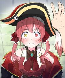  1boy 1girl absurdres bangs bare_shoulders blush breasts coat eyebrows_visible_through_hair fuwatoroofuton hair_between_eyes hair_ribbon hat heterochromia highres hololive houshou_marine indoors large_breasts looking_at_viewer nervous pirate_costume pirate_hat red_eyes redhead ribbon solo_focus standing sweat virtual_youtuber wall wall_slam yellow_eyes 