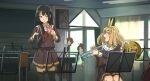  black_hair black_thighhighs blue_eyes blue_neckerchief blush brown_hair brown_serafuku brown_shirt brown_skirt commentary_request cymbals fuyuhino green_eyes hair_ribbon hibike!_euphonium highres holding holding_instrument implied_yuri indoors instrument kitauji_high_school_uniform kousaka_reina long_sleeves nakagawa_natsuki neckerchief open_mouth oumae_kumiko peeking pleated_skirt red_neckerchief ribbon sailor_collar school_uniform serafuku shirt short_hair sitting skirt speaker standing thigh-highs trumpet violet_eyes white_sailor_collar yellow_ribbon yoshikawa_yuuko zettai_ryouiki 