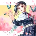  1girl 4o080_yotabnc bangs belt black_hair black_skirt bug butterfly butterfly_hair_ornament commentary_request fingernails gradient_hair hair_ornament highres insect katana kimetsu_no_yaiba long_sleeves multicolored_hair petals pink_hair pleated_skirt sheath sheathed side_ponytail skirt solo sword tsuyuri_kanao violet_eyes weapon 