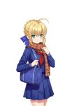  1girl ahoge artoria_pendragon_(all) bag bangs blonde_hair blue_bow blue_sailor_collar blue_serafuku blue_shirt blue_skirt bow braid braided_bun brown_scarf capsule_servant closed_mouth collared_shirt cowboy_shot eyebrows_visible_through_hair green_eyes hair_between_eyes hair_bow hair_intakes highres holding holding_bag master_artoria miniskirt neckerchief plaid plaid_scarf pleated_skirt red_neckwear sailor_collar sailor_shirt scarf shiny shiny_hair shirt short_hair simple_background skirt smile solo sony_kisaragi standing white_background 