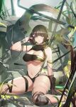1girl absurdres arknights black_hair bob_cut breasts caution_tape eunectes_(arknights) flower hair_flower hair_ornament highres large_breasts long_tail navel nayuko_(wuyou_nayuko) pointy_ears single_knee_pad snake_tail tail