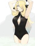  1girl armpits arms_up blonde_hair breasts closed_mouth commentary_request cynthia_(pokemon) eyelashes grey_eyes hair_ornament hair_over_one_eye long_hair momogesomaru pokemon pokemon_(game) pokemon_dppt shiny shiny_hair sideboob smile solo wading water 