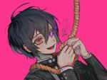  1boy ahoge bangs black_hair black_jacket brown_eyes dangan_ronpa_(series) dangan_ronpa_v3:_killing_harmony dutch_angle hands_up highres jacket long_sleeves looking_at_viewer male_focus multicolored multicolored_eyes open_mouth pink_background pink_eyes ps_872dg rope saihara_shuuichi short_hair signature simple_background solo striped striped_jacket sweat vertical_stripes 