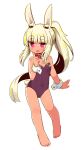  1girl :d animal_ear_fluff animal_ears bare_legs bare_shoulders barefoot blonde_hair breasts covered_navel full_body hand_up heart heart-shaped_pupils highres index_finger_raised leotard long_hair looking_at_viewer masurao_(sekaiju) naga_u open_mouth ponytail purple_leotard rabbit_ears red_eyes sekaiju_no_meikyuu sekaiju_no_meikyuu_5 short_eyebrows sidelocks simple_background small_breasts smile solo standing strapless strapless_leotard symbol-shaped_pupils thick_eyebrows very_long_hair white_background wrist_cuffs 