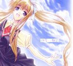  1girl :d air bangs blonde_hair blouse blue_dress blue_eyes blush clouds collared_blouse commentary_request cowboy_shot cross day dress dutch_angle eyebrows_visible_through_hair hair_ribbon kamio_misuzu long_hair looking_at_viewer morino_kiriko necktie open_mouth outstretched_arms ponytail puffy_short_sleeves puffy_sleeves red_neckwear ribbon short_sleeves sky smile solo spread_arms very_long_hair white_blouse white_ribbon 