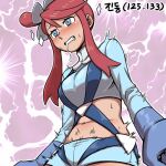  1girl bangs blue_shorts breasts clenched_teeth commentary_request crop_top drooling electricity eyelashes gloves grey_eyes grey_gloves gym_leader hair_ornament navel number nutkingcall pokemon pokemon_(game) pokemon_bw redhead short_hair_with_long_locks short_shorts shorts sidelocks skyla_(pokemon) solo sweat swept_bangs teeth 