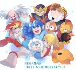  1girl 6+boys ^_^ albert_w_wily anniversary arm_cannon arm_up armor bald bangs bare_shoulders beard black_eyes black_sclera blade blonde_hair blue_coat blue_eyes blue_headwear blue_shirt blush blush_stickers bodysuit bomb bomberman_(rockman) boots breastplate chikichi child clenched_hand clenched_hands closed_eyes closed_mouth coat colored_sclera colored_skin commentary copyright_name cutman dress elecman english_commentary english_text everyone eyebrows_visible_through_hair facial_hair fire fireman from_behind fur-trimmed_hood fur_trim fuse gloves green_eyes grey_headwear grin gutsman hand_up hands_up happy helmet highres holding holding_bomb hood iceman jpeg_artifacts knee_boots labcoat lightning_bolt long_sleeves looking_back looking_up mask mixed-language_commentary mohawk multiple_boys mustache old old_man one-eyed open_mouth orange_gloves orange_skin outstretched_arm parka pointing ponytail red_dress red_eyes red_gloves redhead rockman rockman_(character) rockman_(classic) roll_(rockman) scratching_head shiny shiny_skin shirt short_hair shoulder_armor sidelocks simple_background sleeveless sleeveless_dress smile spread_legs sweat teeth thomas_light tied_hair uneven_eyes v vambraces w weapon white_background white_bodysuit white_coat white_footwear white_gloves white_hair yellow_devil yellow_gloves yellow_headwear yellow_skin 