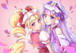  2girls agura_dou aisaki_emiru bangs blonde_hair blunt_bangs bow cravat cure_amour cure_macherie eyebrows_visible_through_hair hair_bow heart highres hugtto!_precure long_hair looking_at_viewer magical_girl multiple_girls pink_background pink_eyes precure purple_bow purple_hair purple_neckwear red_bow ruru_amour signature simple_background twintails upper_body violet_eyes 